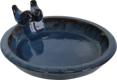 Produktbild von glasierte Vogeltränke für den Garten "Noble" mit 2 Deko-Vögel, 30 cm antik-blau Keramik Vogeltränke rund Vogelbad Garten