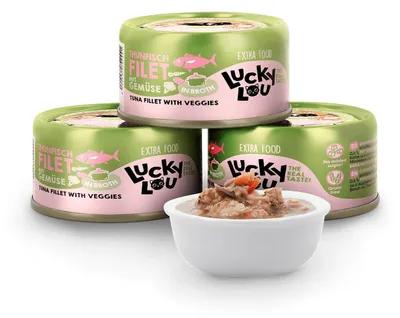 Produktbild von Lucky Lou Extrafood Thunfisch mit Gemüse in Sud 70g Dose, Huhn, Thunfisch, 70 g, Getreidefrei