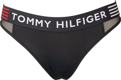 Zdjęcie produktu dla Stringi damskie marki TOMMY HILFIGER z widoczną elastyczną gumką i logo, numer katalogowy UW0UW03542, rozmiar XL, 78% poliamid, 22% Elasthan