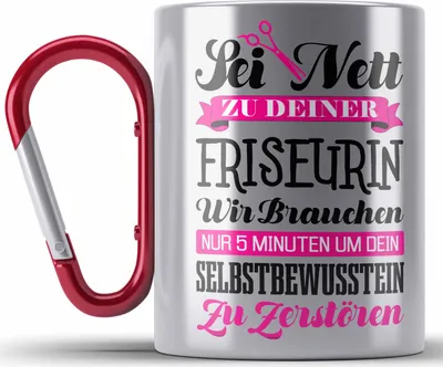 Produktbild von Trendation - Friseurin Edelstahl Tasse Karabiner Geschenk Zubehör Geschenkideen Friseursaloneröffnung Frisörin Edelstahl Tasse Karabinern Karabiner Edelstahl Tasse Karabiner Edelstahl Spruch Friseur (Rot)