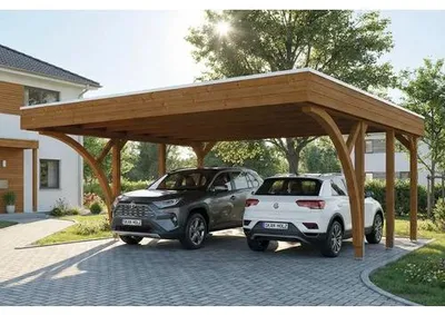 Produktbild von Doppelcarport SKAN HOLZ Friesland inkl. 2 Einfahrtsbögen, Pfostenanker 546 x 555 cm nussbaum