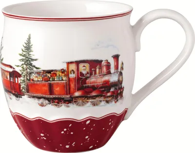 A Christmas-themed mug with a train illustration.