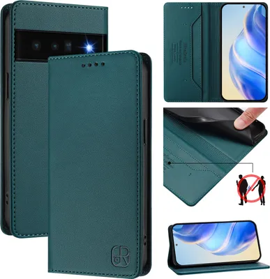 Produktbild von Lederhülle für Google Pixel 6 Pro Hülle Flip Brieftasche Kartenfächern Ständer Schutzhülle Dunkelgrün