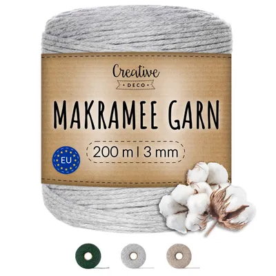 Produktbild von Creative Deco 200m Hell-Grau Makramee-Garn Baumwoll-Polyester-Kordel Baumwoll-Schnur | 2-3 mm Dicke | Große Rolle