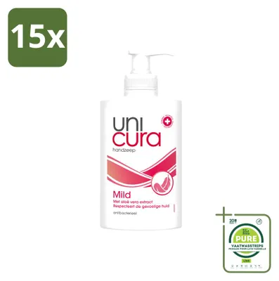 Immagine prodotto di 15 flaconi di sapone liquido antibatterico Unicura, delicato, da 250 ml ciascuno. Confezione grande, 15 pezzi