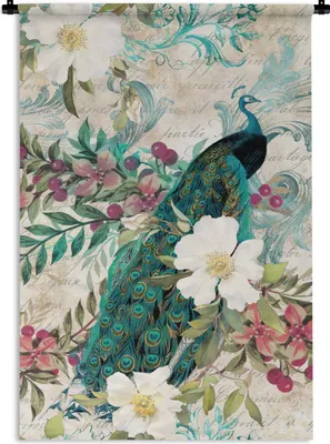 Produktbild von MuchoWow® Wandteppich Wandbehang Kunst - Pfau - Blumen 90x135 cm Tapisserie Dekoration Wandtuch - Baumwolle - Wandskulptur