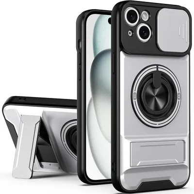 Obrázek produktu pro Magnetické pouzdro pro iPhone 15 Plus Ochranné pouzdro s posuvným krytem fotoaparátu a kroužkovým stojánkem Stříbrná