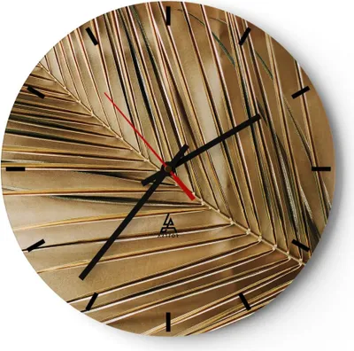Produktbild von Wanduhr - Rund - Glasuhr - Blatt Gold Pflanze - 40x40cm - Schleichendes Uhrwerk - Lautlos - zum Aufhängen bereit - Dekoration Modern - Wanddekoration aus Glas - C3AR40x40-5041