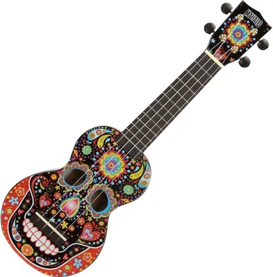 A colorful ukulele with a skull design.