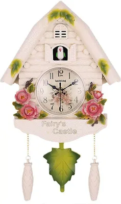 A decorative cuckoo clock shaped like a house, adorned with pink roses and green leaves.