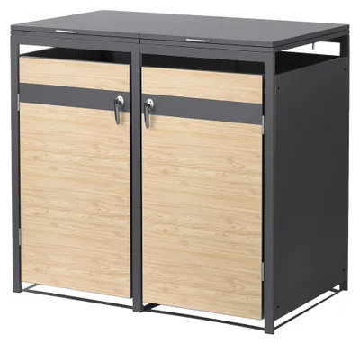 Immagine prodotto di Contenitore per bidoni della spazzatura ML-Design, modello a 2 scomparti, per 2 bidoni da 240 litri, dimensioni 132x80x120 cm, finitura effetto legno di larice antracite, acciaio, resistente agli agenti atmosferici e con chiusura a chiave