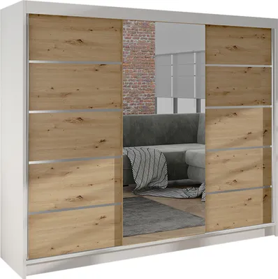 Produktbild von MIRJAN24 Schiebetürenschrank  Derby VI, Kleiderschrank, Stilvoll Schlafzimmer Garderobenschrank (Farbe: Weiß / Artisan Eiche)