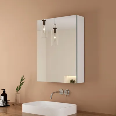 Produktbild von EMKE Spiegelschrank Mattweiß, 50x65x14,5 cm Aluminium Einzeltür und Verstellbares Glasregal Soft-Close Badezimmerspiegelschrank