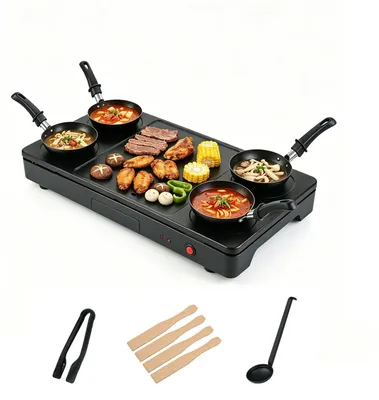 Produktbild von KOMFOTTEU Elektrogrill, Tischgrill elektrisch mit antihafter Grillfläche & runden Heizzonen, elektrische Grillplatte mit Löffel, Grillzange, 4 Pfannen, 4 Holzspateln & Fettauffangschale