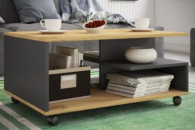 A coffee table with books and a bowl of fruit on it, placed in a living room setting.