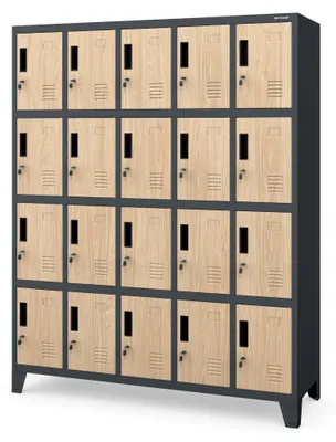 Produktbild von Umkleideschrank 5B4A Fächerschrank Schließfachschrank mit 20 Fächern Wertfachschrank Metall Pulverbeschichtung 172 cm x 136 cm x 45 cm Antrazit / Sonoma-Eiche