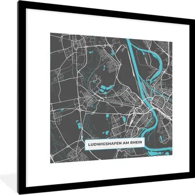 Produktbild von MuchoWow® Gerahmtes Poster Karte - Ludwigshafen am Rhein - Blau - Stadtplan - Deutschland 40x40 cm - Poster mit Schwarzem Bilderrahmen Wandposter Rahmen Foto Bilder - Poster - Plakat im Rahmen