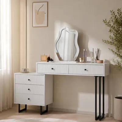 Obrázek produktu pro Kosmetický stolek se zrcadlem a tříbarevným LED osvětlením, s výsuvnou pracovní deskou, bílý, rozměry 100x40x76 cm, bez židle