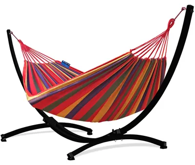 Produktbild von Potenza Outdoor Hängematte mit Gestell für 2 Personen I Baumwolle Doppelhängematte XXL 220x160, 200kg I Schwarz Hängemattengestell 220kg, wetterfest