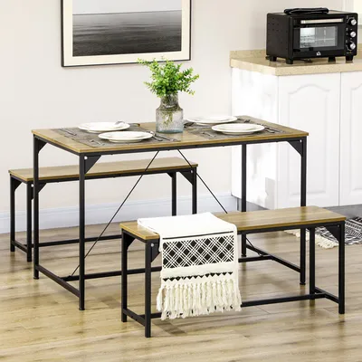 Produktbild von Sweiko Essgruppe 4 Personen Esstisch mit 2 Bänken, Industriedesign, 120 cm x 70 cm x 75 cm, Schwarz + Natur