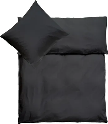 A black duvet cover and pillowcase are neatly folded on a white background.