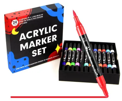 Immagine prodotto di Pennarelli acrilici, 24 colori, punta doppia, resistenti all'acqua, ideali per progetti fai-da-te su pietra, legno, vetro, tessuto, tela e carta