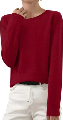 Image de ASKSA Femme Pull en tricot Elégant Pull en tricot uni Duenne Pull d'hiver en tricot fin Stretch Chaud Pull en laine Basic Pull à col rond,Vin rouge,M