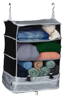 Produktbild von Hängender Gepäckorganizer, H x B x T: 55 x 44 x 30 cm, faltbarer Kofferorganizer, 4 Fächer, tragbarer Packwürfel, grau
