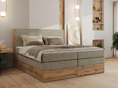 Produktbild von MKS MEBLE Boxspringbett WOOD CLASSIC KING, Doppelbett mit zwei Multipocket-Matratze und Topper T25, hohe Kopfteil, Stauraum - 140 x 200 cm - H4 - Dunkelbeige Struktur