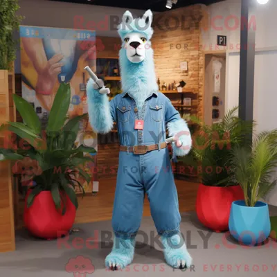 Produktbild von Himmelblaues REDBROKOLY Lama-Maskottchenkostüm mit Schlagjeans und Gürteln