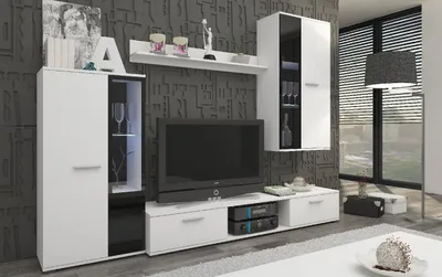 Produktbild von Wohnwand SALSA Schrankwand TV-Schrank Wandregal 2xVitrine Wohnkombi Wohnzimmer Anbauwand Weiß