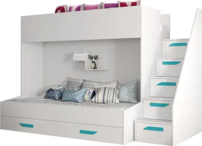 Produktbild von Etagenbett für Kinder Party 16 Stockbett mit Treppe und Bettkasten (Weiß + Weiß Glanz + türkise Griffe)