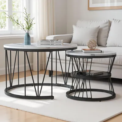 Produktbild von Rundes Couchtisch-Set (2er-Set), Wohnzimmertische mit Stauraum, Marmoroptik und Metallgestell, Beistelltisch, für Wohnzimmer, Balkon, Weiß + Schwarz