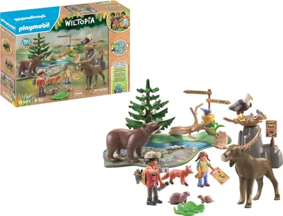 A Playmobil Wiltopia set featuring North American animals and figures, shown both in its packaging and as a diorama.