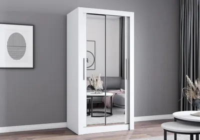 Produktbild von Easy4You MN Weiß Schiebetürenschrank Kleiderschrank 100x200x64 cm mit Spiegel - Schlafzimmermöbel, Aufbewahrung – Mehrzweckschrank mit 2 Kleiderstangen