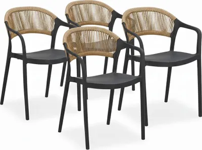 Produktbild von Set aus 4 Gartenstühlen aus Polypropylen mit Glasfaser und Rückenlehne aus geflochtenem Seil, stapelbare Stühle wetterbeständig für Garten, Terrasse, Balkon, Bar und Restaurant – Jolanda – Schwarz