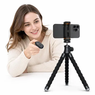 Produktbild von Flexibles Smartphone-Stativ mit 1/4-Zoll-Gewinde, Handyhalter und Actioncam-Adapter, 360° drehbar, inklusive Fernauslöser