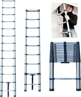 Imagen del producto de Silecomplaza, escalera plegable de 3,8 metros, acero inoxidable, escalera telescópica, escalera multifunción, escalera para acceder a áticos, capacidad máxima de carga: 150 kg
