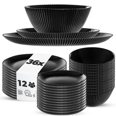 Produktbild von KADAX Geschirrset für 12 Personen, 36-teilig, schwarze Tafelservice aus Opalglas mit Suppenschalen, Speisetellern & Desserttellern, Spülmaschinenfest (Schwarz XL)