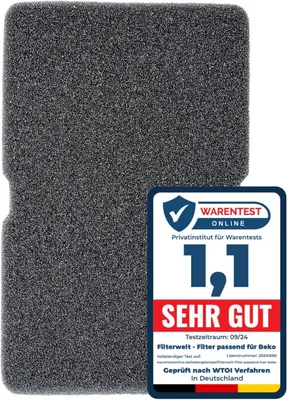 A gray foam filter with a promotional badge overlay.