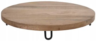 A round wooden tray with black metal legs on a white background.