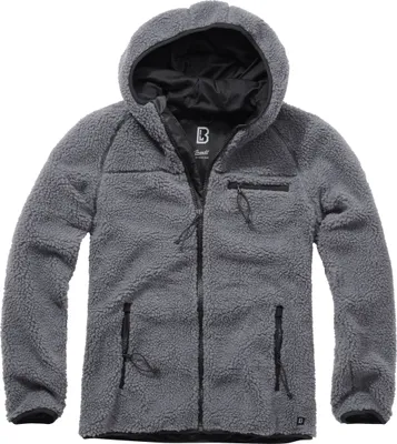 A studio shot of a grey hooded fleece jacket.