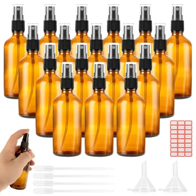 Zdjęcie produktu dla Zestaw 18 brązowych szklanych butelek z atomizerem, pojemność 100 ml, z etykietami