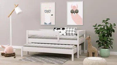 Produktbild von Ausziehbett 180x90 Kinderbett mit Rausfallschutz & Lattenrost weiß 90 x 180 für Mädchen und Jungen Massivholz Kiefer und MDF Möbelplatte, mit Matratzen