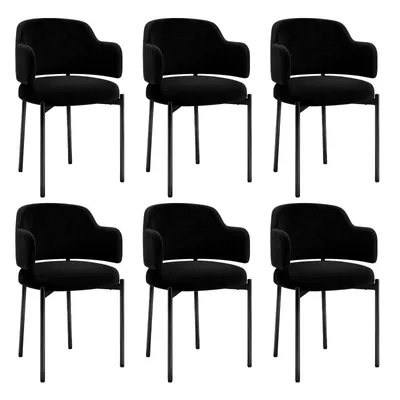 Productafbeelding van Puluomis eethoekstoelen, set van 6, keukenstoelen, gestoffeerde stoelen met gebogen rugleuning en armleuningen, kleur: zwart (bouclé)