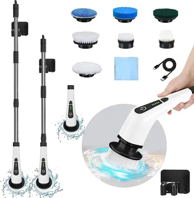 Produktbild von Elektrický čistící kartáč, bezdrátový čistící kartáček na baterie, otáčení o 360° se 7 kartáčovými hlavami, stojánek a ručník na rohy, kuchyně, okna
