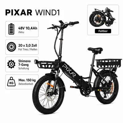 Produktbild von PIXAR WIND1 Faltbares City E-Bike 20 Zoll Fat Tire, 250W, 48V Akku, Shimano 7-Gang, Gepäckträger, für Alltag & Pendeln