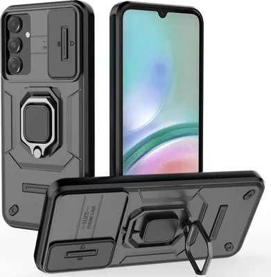 Produktbild von Hülle für Samsung Galaxy A15 5G/4G Dual Layer Handyhülle Schiebe Kamera Schutz und Ringhalter Ständer Schwarz