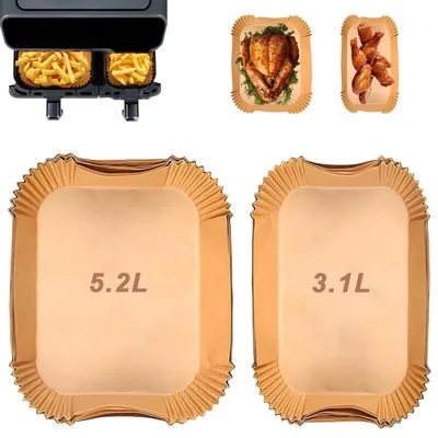 Obrázok produktu pre Pergamenový papier na pečenie do fritézy, kompatibilný s modelmi Philips Dual Basket 3000, Tefal Easy Fry, Cecotec, Moulinex | 100 kusov