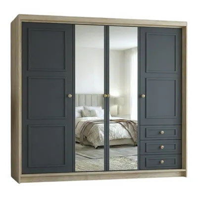 Produktbild von Geräumiger viertüriger Kleiderschrank OSLO mit Schubladen und Metallgriffen – modernes Design Farbe: Sonoma | Graphit